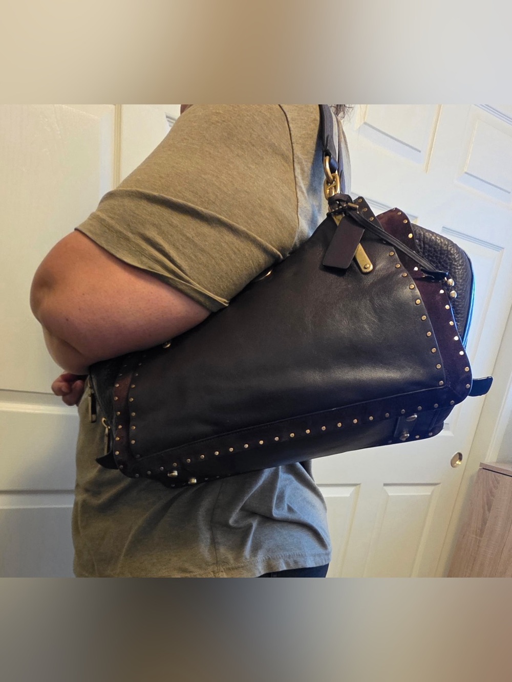 Coach Dark Brown Leather Studded Satchel with Gold Hardware - Picture 14 of 14